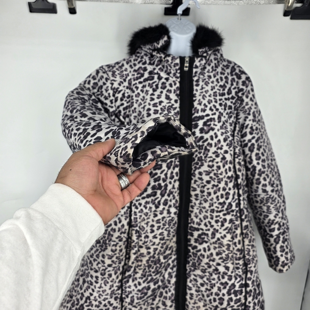 INTL DETAILS Leopard Puffer Coat Womens 1X Black Faux Fur Hood Winter Jacket - Picture 6 of 9